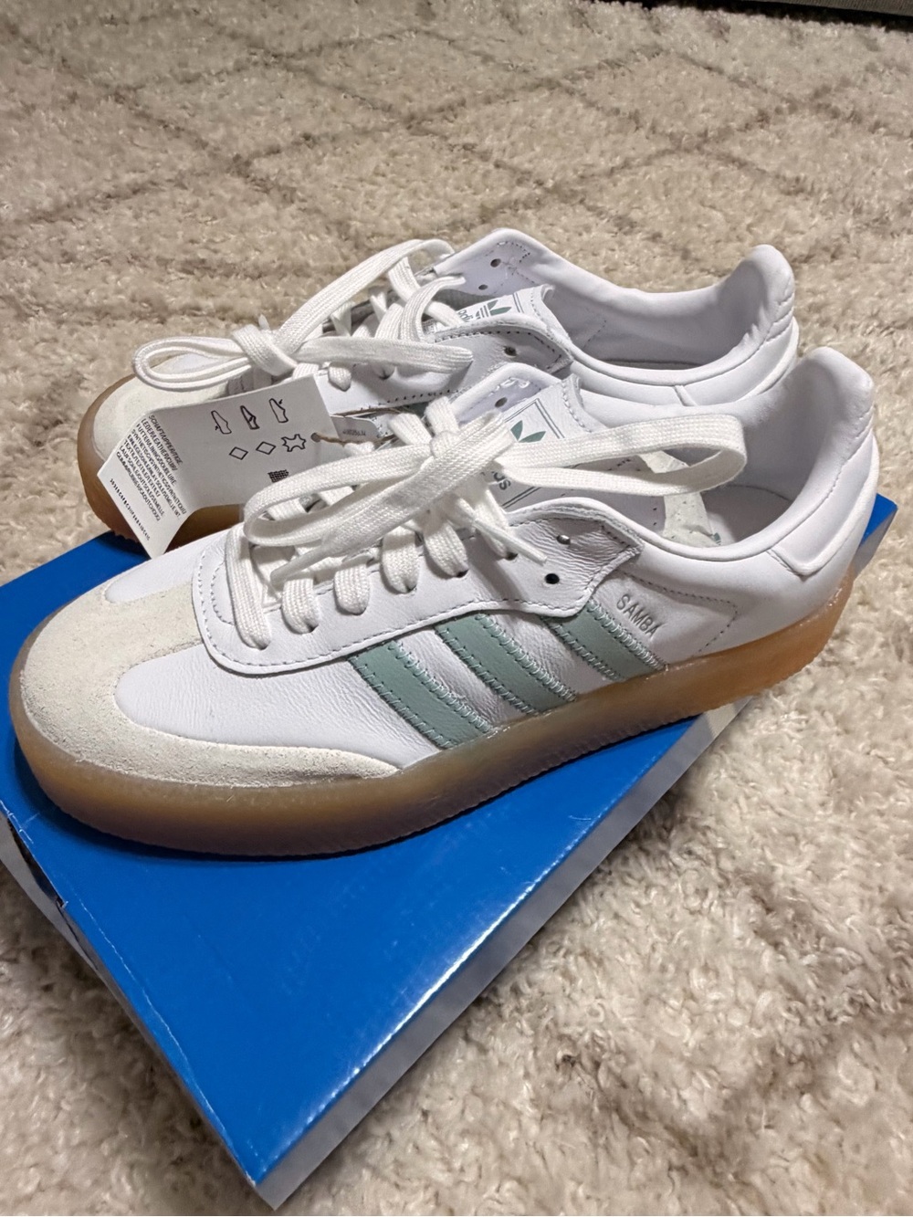 adidas Samba White Sneakers with Mint Green Stripes and Gum Sole